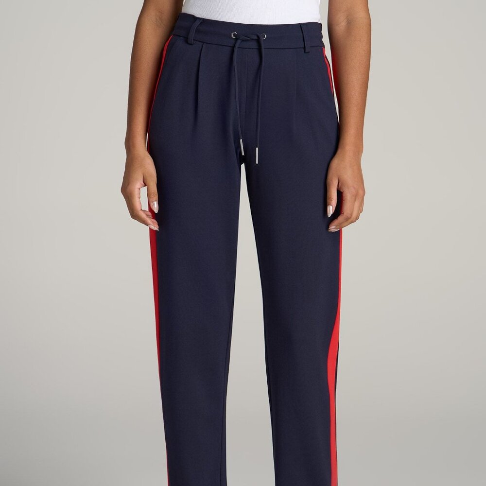 American Tall Pull On Tuxedo Stripe Pants for Tall Women in True Navy and Radian